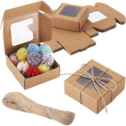 20 piezas Cajas de regalo pequeñas y cuadradas de color marrón con cuerda de yute para fiestas, manualidades, cajas de embalaje plegables con ventana visible para cumpleaños, Navidad, bodas de 2.7"X2.58"X1.18"