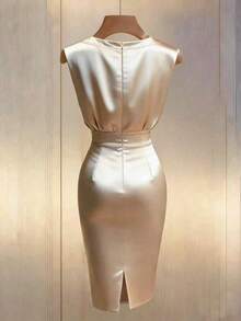 Averia Abito elegante casual da donna con scollo a girocollo con perle, in raso liscio, per pendolarismo, feste, lauree, cerimonie di lavoro, damigelle e ospiti, primavera estate - Champagne - Visualizzare 5