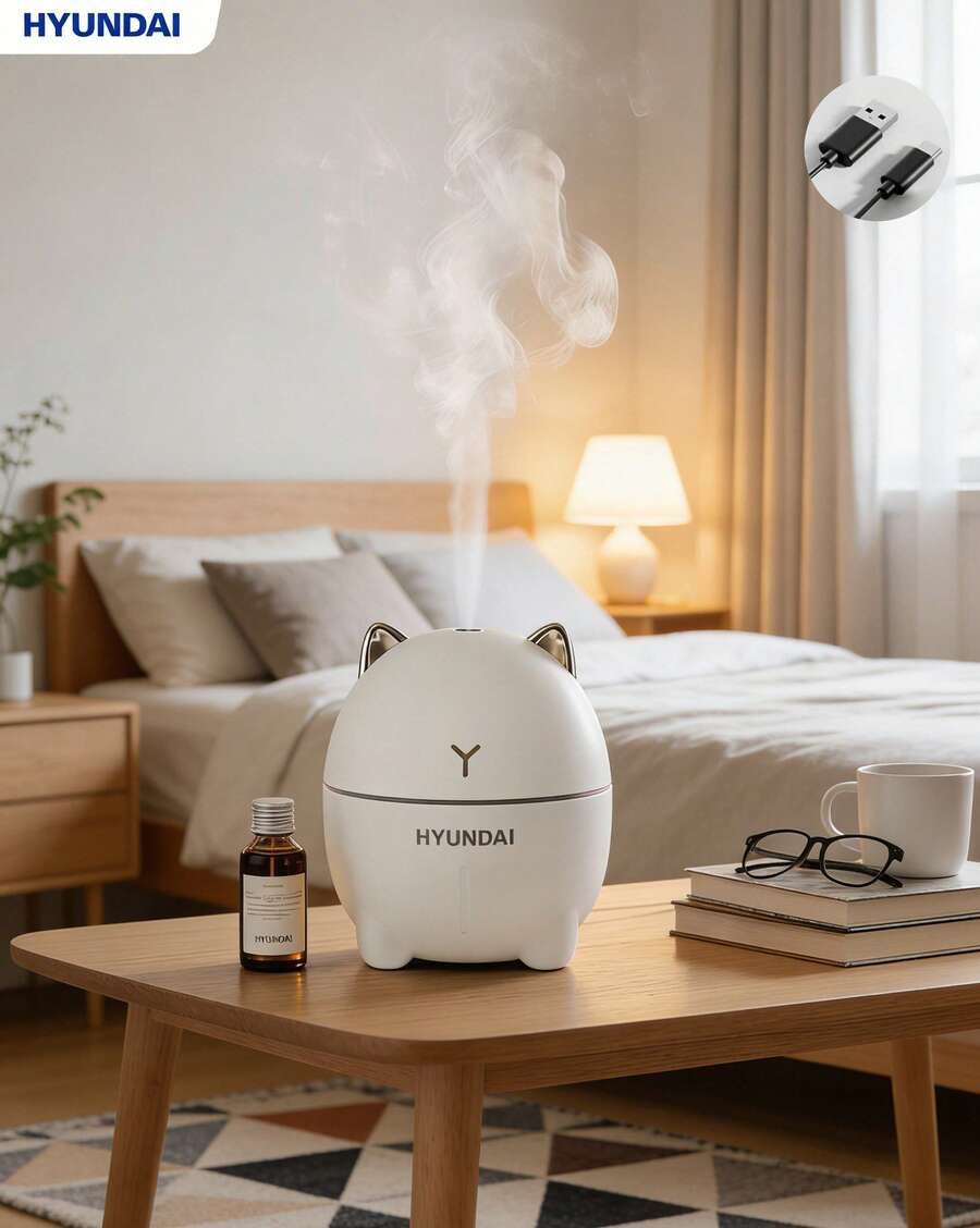 HYUNDAI Humidificador DDM-1 Compacto & Portátil, Diseño a Prueba de Fugas, Gran Capacidad de 200ml, Apagado Automático de 6 Horas, Luz Nocturna Ambiental Colorida, Adecuado para Hotel, Dormitorio y Oficina - Mist - Ver 1