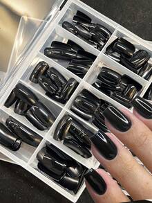 120Pcs 10Grids/Box Glossy Black Press On Nails, Full Cover Medium Coffin Fake Nails, Reusable Acrylic False Nails With Box For Women, Salon-Quality Manicure For Daily Wear & Party - Black - View 4