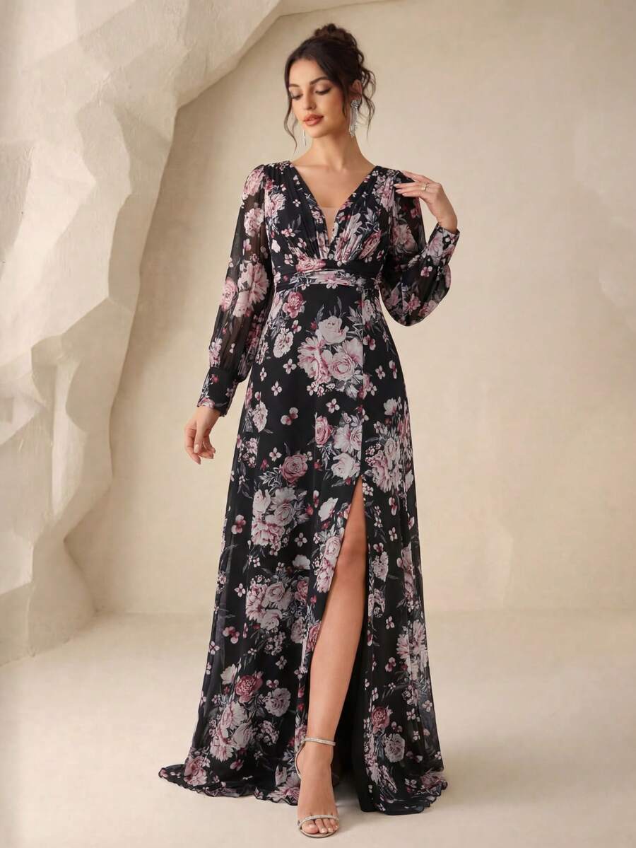 SUPGIR [Họa tiết hoa cắt ngẫu nhiên] Đầm maxi thanh lịch bằng vải chiffon in kỹ thuật số, cổ chữ V, tay phồng, xếp ly eo. - Nhiều màu - Xem 1
