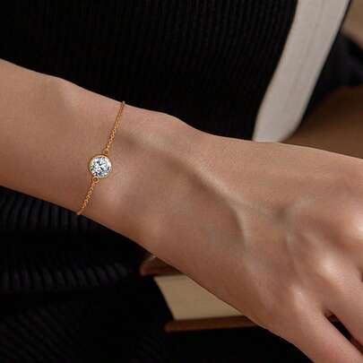 1 Pieza de pulsera geométrica redonda de acero inoxidable de alta gama para mujeres, estilo europeo y americano. Pulsera de lujo personalizada con piedras de circonita cúbica, ajustable y elegante para uso diario, regalo de joyería para ella