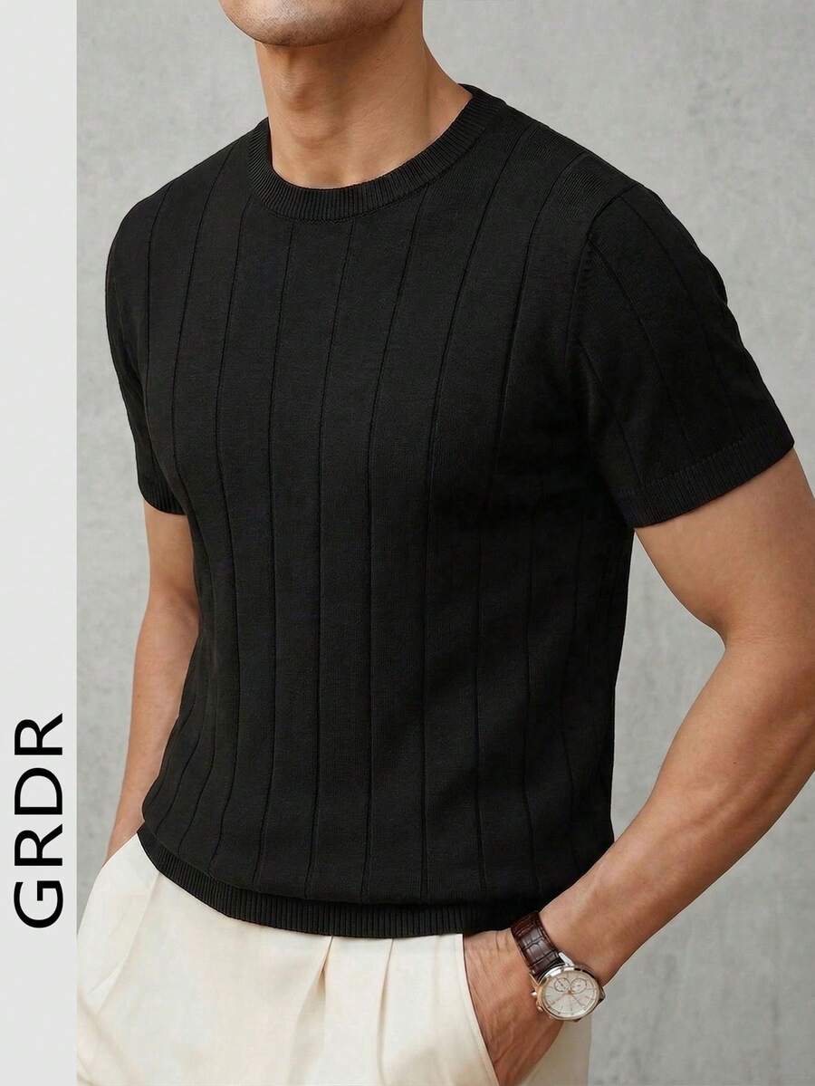 GRDR 男士夏季针织纯色罗纹短袖毛衣，运动休闲风，适合户外活动