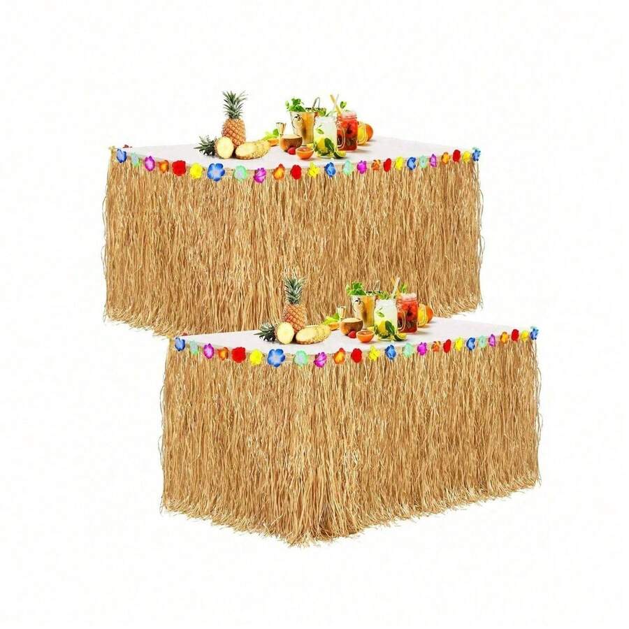 Luau Grass Table Skirt Grass Table Skirt Natural With Hibiscus Flowers Hawaiian Luau Tropical Party Decor Fringe Party Decoration For Costume Tropical Hawaii Birthday, Straw Yellow - Yellow - View 1