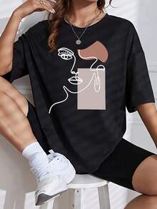 Loose Plus Size [Circle]Face Line And Color Block Pattern Print Summer Women's Loose Fit Oversized T-Shirt - White - View 4