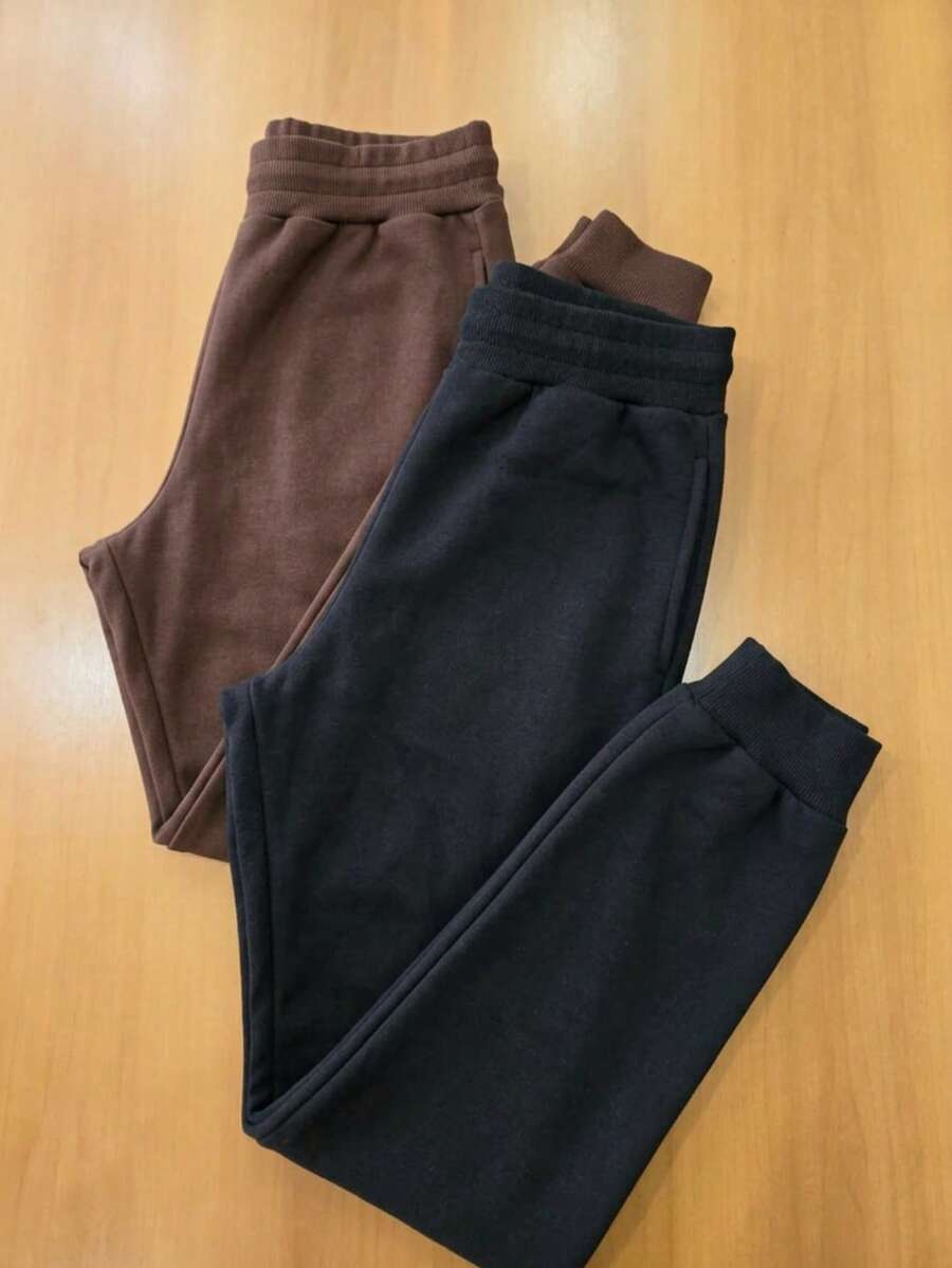 Set Of 2 Women's Fleece-Lined Sweatpants With Warm, Flannel Cuffs And Pockets, Stylish For Winter, Everyday Wear, Work, Casual Wear, Perfect For The World Cup In Brazil, Mother's Day, Or As A Gift. - 黑色和棕色 - 查看 1