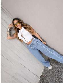 Women's Cargo Jeans, Street Fashion, Premium Fabric, 100% Cotton - Light Wash - View 2