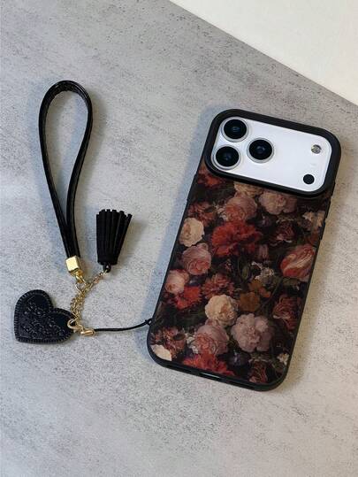 1个复古花卉图案荔枝纹理防摔防滑软手机壳+心形挂绳，兼容苹果手机