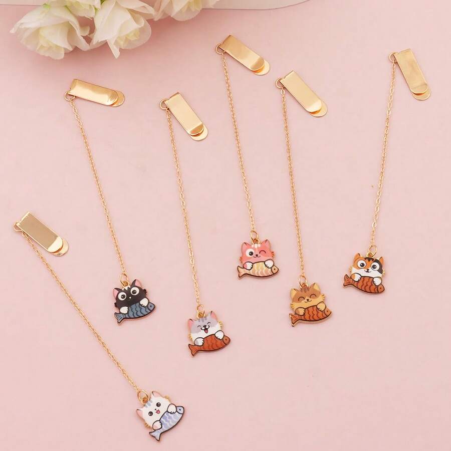 Metal Creative Bookmark, Cute Cartoon Cat Shaped Page Clip, Stationery Gift For Students - Cats Eating Fish Series - View 1