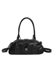 1pc Fashion Snake Skin Black Shoulder Bag, Stylish PU Material Boston Bag, Retro Motorcycle Bag Suitable For Shopping And Sports Use - Multicolor - View 9