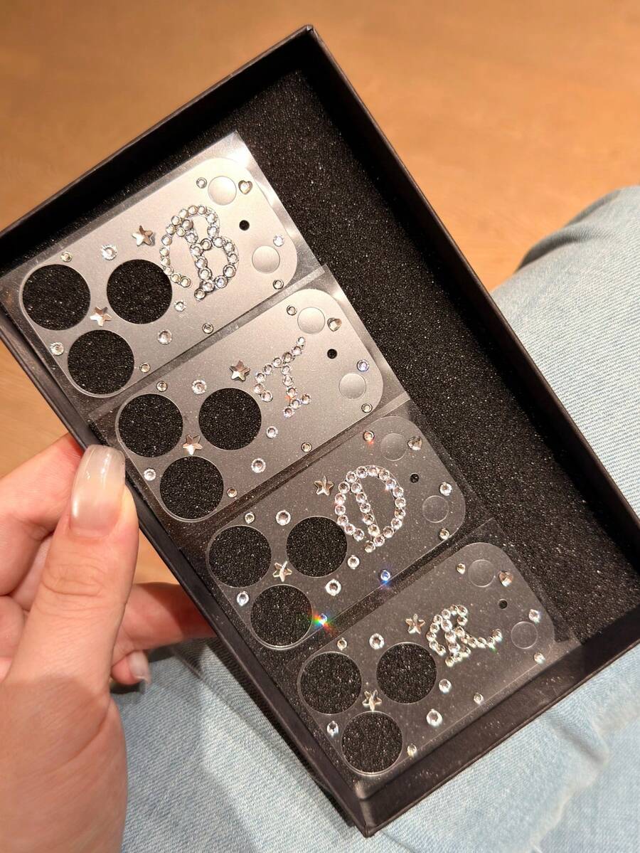 Luxury Sparkling Diamond Bling Rhinestone 3D Star Heart English Letter A,S,B,F,K,M,R,T Camera Lens Film Compatible With IPhone 17 Pro Max 17 Pro Fashion Creativity Matte Transparent Film Lens Protector Cap Mother's Day Gift - huruf B - View 1