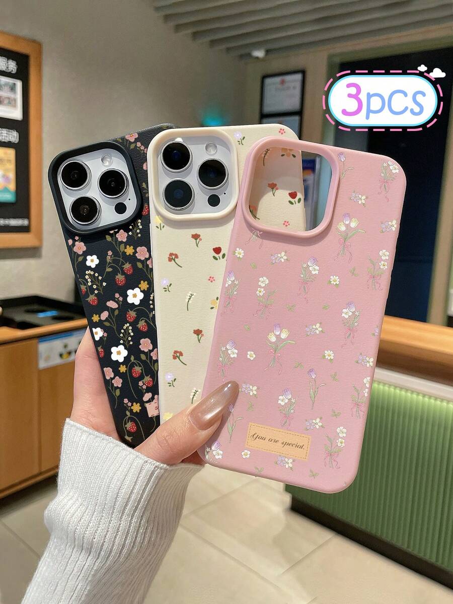 3 件套花卉印花手机壳，兼容 和 Galaxy，采用甜美、浪漫、可爱的粉色、白色、玫瑰红配色设计，特别适合年轻女性。 - 彩色 - 查看 1