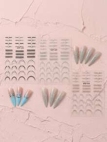 French Line Nail Stickers, Embossed Rhinestone Striped Wavy Y2K Metallic Embossed Curved Japanese Design Nail Art Decorations - 彩色 - 查看 8
