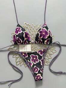 2 Stücke Retro Blumen Farbblock Karomuster Bikini Bademode, geeignet für Strand, Pool, Kreuzfahrt, Party im Frühling und Sommer Urlaub - Schwarzer Hintergrund mit lila Glockenblume - Übersicht 2