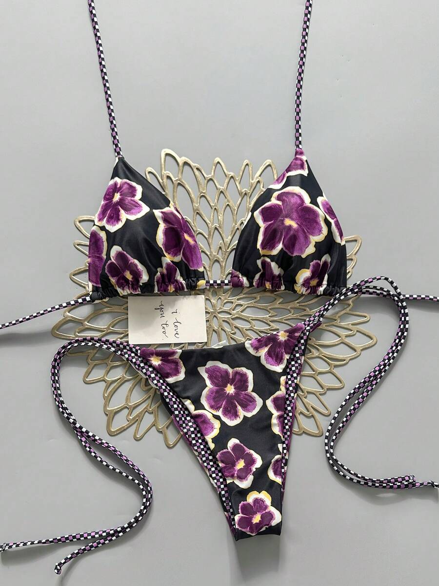 2 Stücke Retro Blumen Farbblock Karomuster Bikini Bademode, geeignet für Strand, Pool, Kreuzfahrt, Party im Frühling und Sommer Urlaub