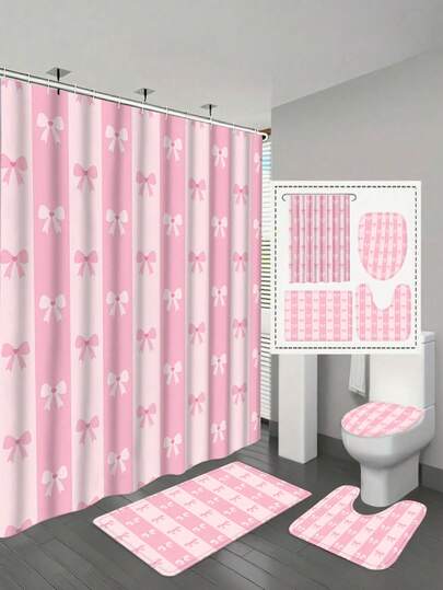 Bộ 1/4 rèm tắm màu hồng hình nơ, rèm phòng tắm dễ thương kèm 12 móc treo, thiết kế hình nơ, bộ trang trí phòng tắm bao gồm rèm tắm và phụ kiện.