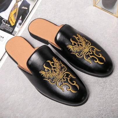 Zapatos tipo mula sin cordones negros, sandalias de verano con bordado blanco, zapatos de cuero casuales de estilo británico con diseño minimalista y de unicolor, ideales como regalo del Día de San Valentín para hombres