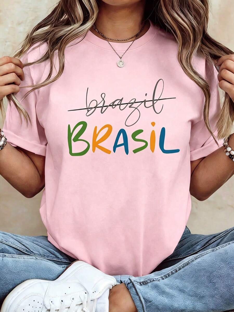 White Brasil Colorful Letter Print T-Shirt, Women Crew Neck Short Sleeve Casual Tee, Brazil National Flag Color Graphic Summer Vacation Loose Fit Top - 粉色 - 查看 1