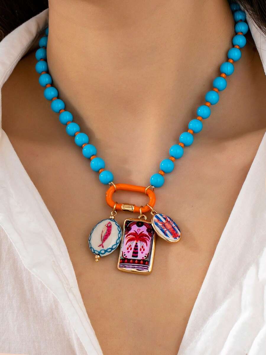 1 pièce Collier pendentif avec perles de turquoise pour femmes, pendentif en émail avec arbre de noix de coco et poisson, bijou de mode style bohème coloré, cadeau pour elle - Multicolore - Voir 1