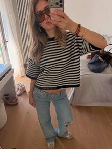 2026夏季新款女士黑白条纹针织衫，常规长度短袖圆领，休闲日常及旅行穿着 - 條紋 - 查看 4