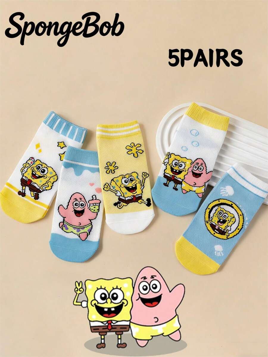 SpongeBob SquarePants 1/5 Đôi tất lưới nhẹ, họa tiết hoạt hình dễ thương hình quần vuông, thích hợp mang hàng ngày vào mùa xuân và mùa hè, đa năng và thoải mái. - Nhiều màu - Xem 1