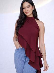 Women's Crepe Fabric Blouse, Asymmetrical High Neck, Long With Ruffles, Boho Chic, Elegant, Autumn - Redwood - View 1