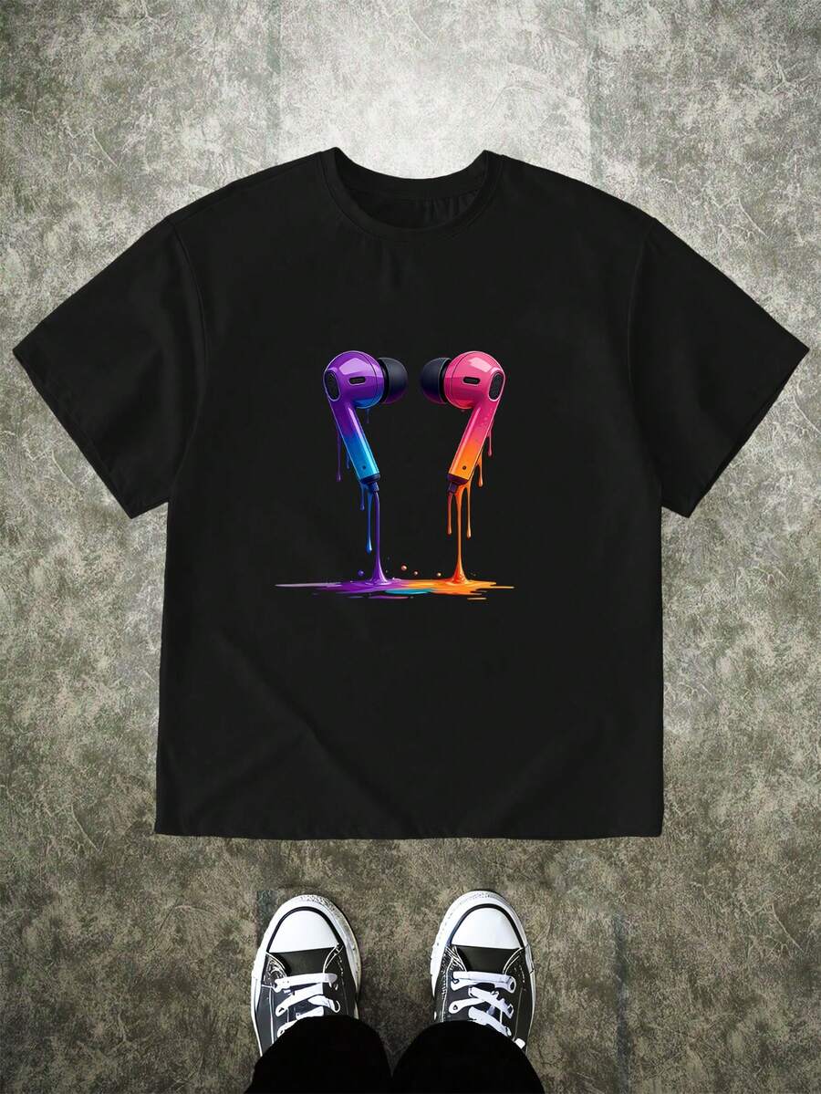 Men's New Casual Sports T-Shirt, Headphone Graphic Print, Lightweight & Comfortable. Black - Black - View 1