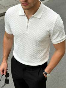 男士夏季提花紋理半拉鍊 Polo 衫，適合日常通勤、旅行、度假與外出，都市成熟英倫紳士風 - 白色 - 查看 2