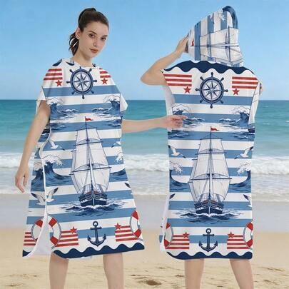 1件夏季航海风浅蓝色条纹印花连帽沙滩巾 - 成人速干超柔软纤维沙滩斗篷 - 吸水性强、轻便、可穿戴连帽沙滩巾 - 速干、防沙、超强吸水，适合青少年和成人，非常适合旅行、海滩、游泳和送礼