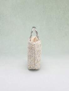 1pc Beige Hollow Crochet Floral Pattern Sequin Patchwork Women's Tote Bag, Metallic Silver Round Handle Handbag, Suitable For Summer, Countryside Style And Beach Vacation (Floral Sequin Pattern Randomly Distributed) - Beige - View 6