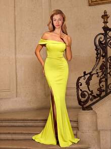 LOVE&LEMONADE Women's Elegant Lime Green Asymmetric Open Shoulder Backless Slit Detail Long Party Evening Dress Spring Wedding - Lime Green - View 2