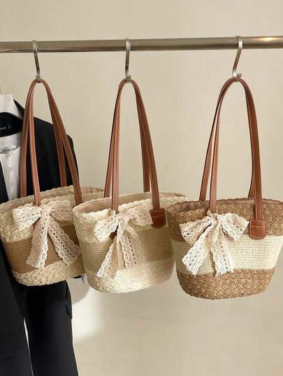 2026 New Fashionable Colorblock One Shoulder Beach Bag, Woven Straw Casual Bucket Bag, Vacation Style