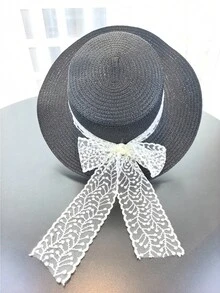 女士草帽夏季时尚沙滩渔夫帽宽檐蕾丝假日沙滩遮阳帽，度假 - A - 查看 1