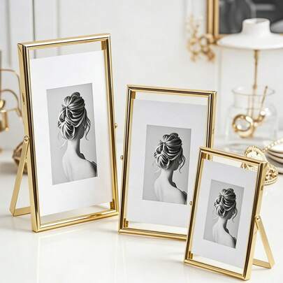1pc Classic Minimalist Metal & Glass Rotating Photo Frame, Sturdy Metal Home, Family, Friends, Holiday Party, Commemorative Photo Decor Frame