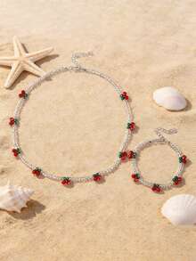 Bộ 2 món trang sức vòng tay và dây chuyền hạt thủy tinh hình quả anh đào dễ thương, thời trang, thích hợp cho phụ nữ đeo hàng ngày, quà tặng Ngày của Mẹ, quà tặng bạn thân, quà nghỉ hè, quà đi biển. - Nhiều màu - Xem 4