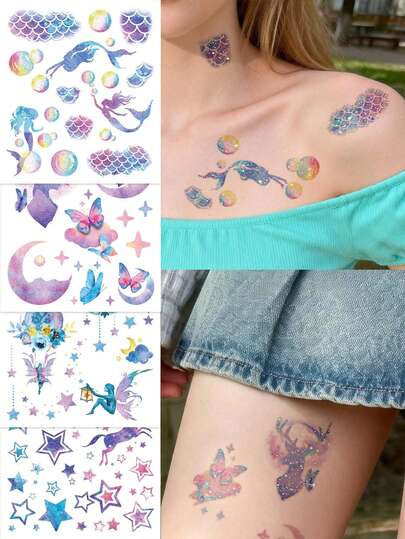 STARTTOOS 闪光渐变临时纹身贴纸 - 极简全息彩虹美人鱼鳞片、泡泡、星星、月亮、蝴蝶仙子图案，Y2K风格防水假纹身贴纸，适用于音乐节、DIY动漫展、嘉年华、情人节、派对礼物，可贴于手腕、脚踝、肩膀、脖子、锁骨、身体皮肤等部位。