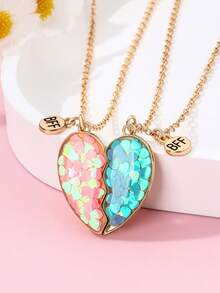 2pcs/Set Cute & Fashionable "Best Friends" Zinc Alloy Glitter Heart Necklace, Suitable For Daily Wear And Festivals - Multicolor - View 2