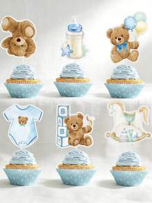 12Pcs Teddy Bear Baby Shower Cupcake Toppers, Blue/Pink Baby Theme Cake Decor Toppers For Gender Reveal 1st Birthday Welcome Newborn Baby Party Dessert Table Supplies Baby Shower Party Favors Baby Shower Party - Multicolor - View 5