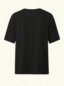 1 pieza de camiseta de verano 2026, estilo casual, de gran tamaño para mujer, con estampado gráfico llamativo, de manga corta, holgada y cómoda, 180g, 100% algodón. - Negro - Ver 3