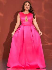 Plus Size Women's Round Neck Hollow Mesh Splice Sleeveless Charming Magenta Backless V-Neck Maxi Party Formal Dress - Hot Pink - View 2