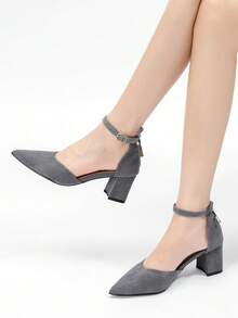 Women's Pointed Toe Suede Hollow Out Bowknot Chunky Heel Pumps, Versatile For Daily, Work, Business, Black, Plus Size - Dark Grey - View 3