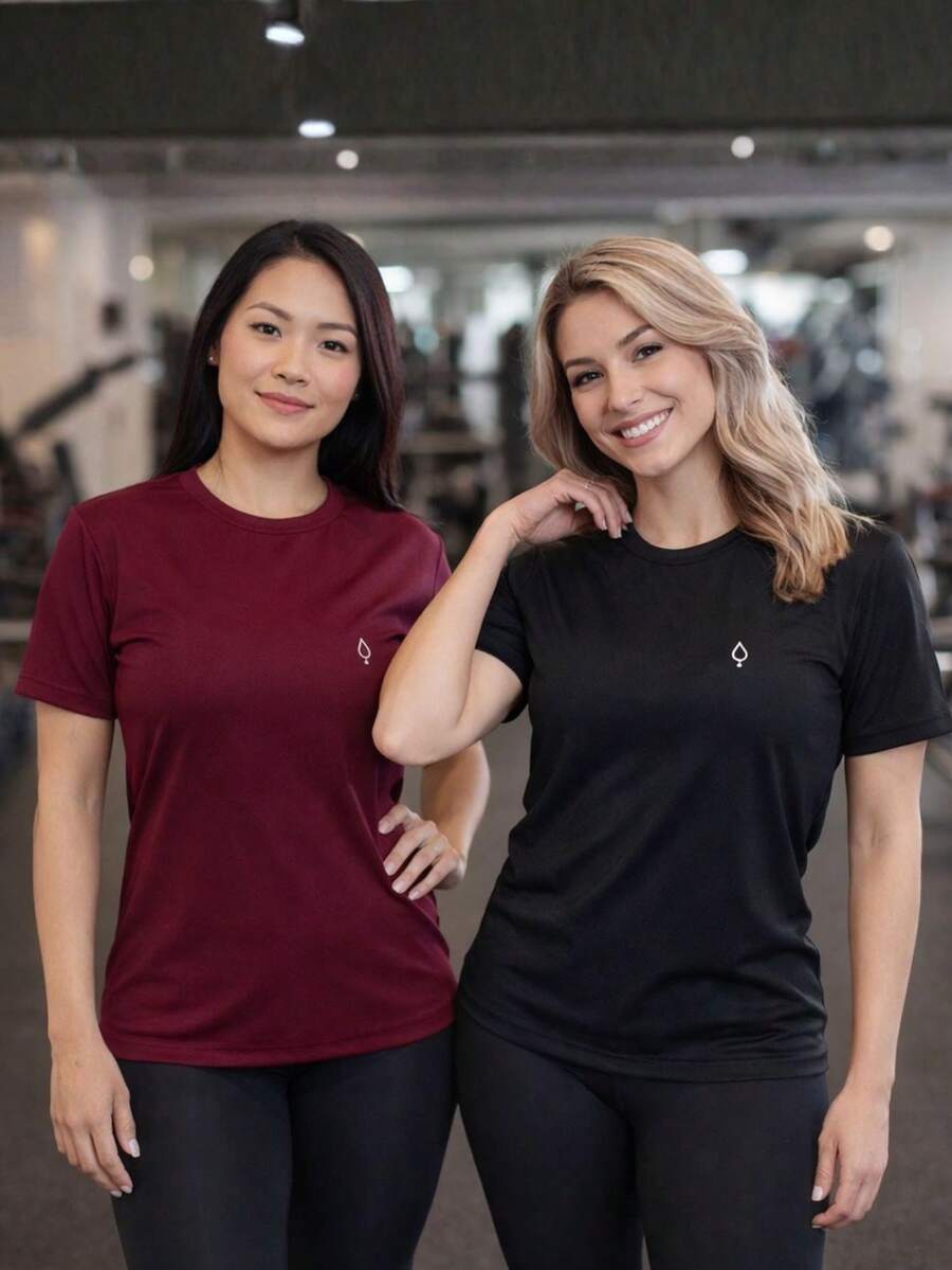 Kit Of 2 Women's Dry Short Sleeve T-Shirts For Basic Gym Workout - Negro/Vino - Ver 1