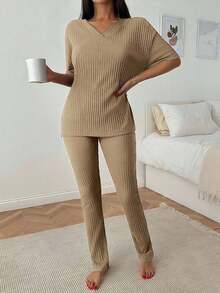 Women Cotton 2 Pcs V Neck Short Sleeve Homewear Lounge Set - Beige - View 9