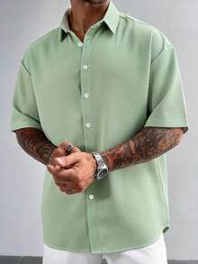 Men's Solid Color Short Sleeve Single-Breasted Casual Shirt - Green - View 1