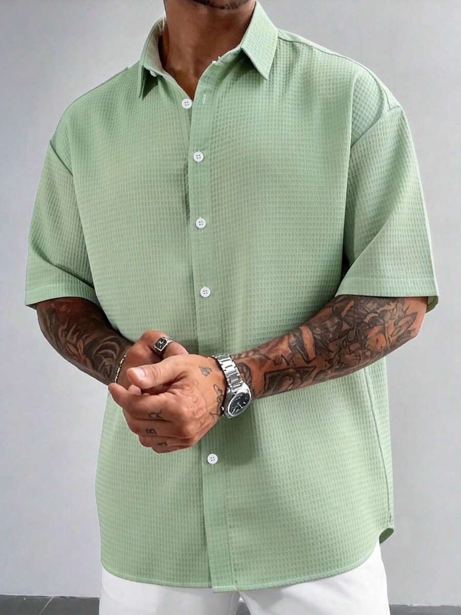 Men's Solid Color Short Sleeve Single-Breasted Casual Shirt - Green - View 1