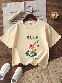 Tween Girl "GELATO Is Good" Ice Cream Print T-Shirt, Soft And Comfortable Fabric, Suitable For Travel, Vacation, Outdoor Sports, Daily Wear, Casual Travel, Best Choice! Fashionable Girls' Casual Versatile Top For Spring And Summer - Apricot - View 5