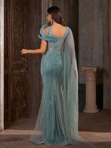 Luxuriöses Salbeigrün Pailletten Meerjungfrau Maxi Kleid mit elegantem Schal - Fesselndes Spiral Perlen Formal Kleid für Gala Hochzeitsparty - Minzgrün - Übersicht 3