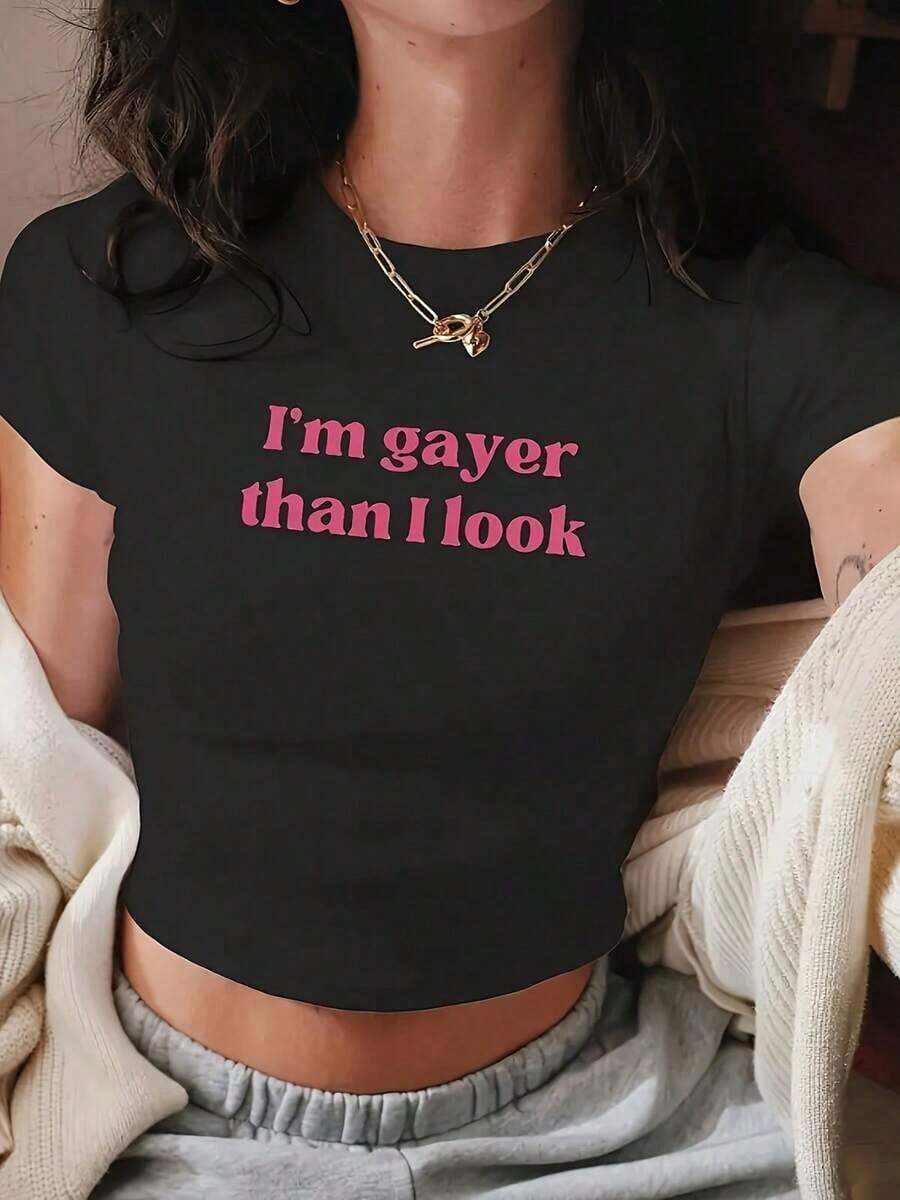Women's Casual Neck Cropped T-ShirtI'm Gayer Than I Look LGBTQ+ Pride Crop Top - Short Sleeve Fitted Black T-Shirt, Comfortable Casual/Daily/Party W - 黑色 - 查看 1