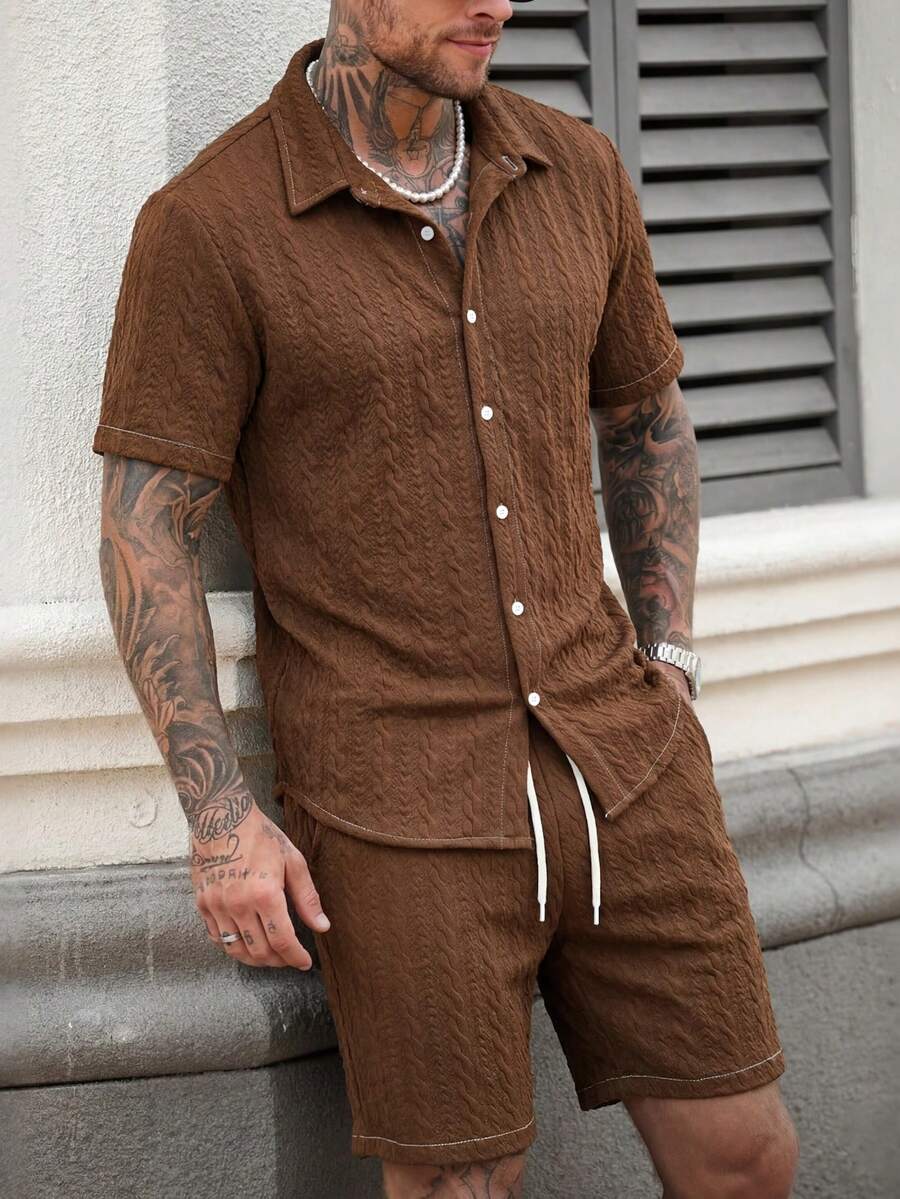 男士夏季纯色短袖衬衫和抽绳短裤休闲套装 - 駝色 - 查看 1