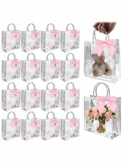 5/10个装粉色蝴蝶结PVC透明塑料礼品袋，适用于婚礼回礼、主题派对、毕业派对、节日、生日、周年纪念日等场合，可重复使用的礼品包装袋